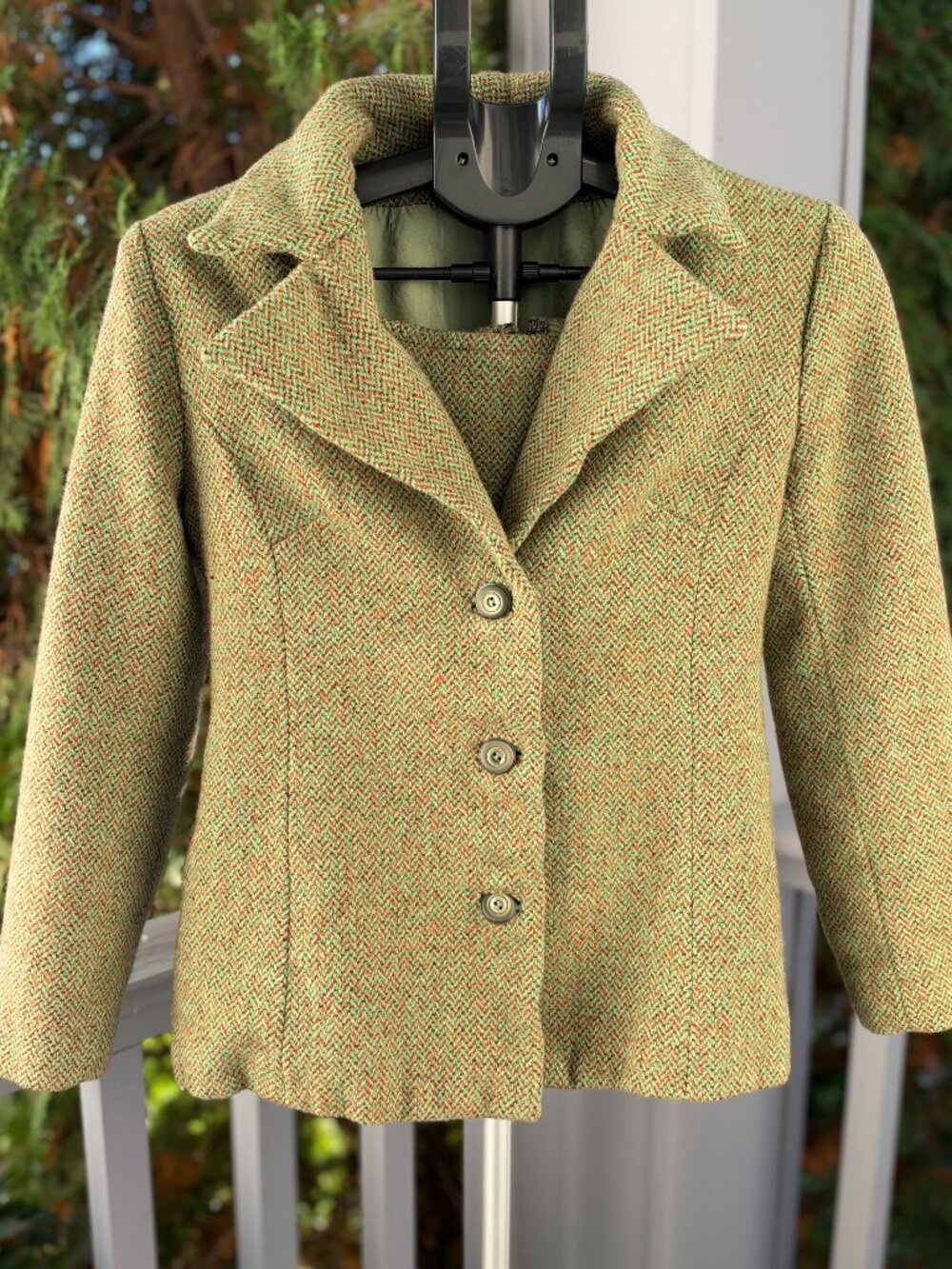 Vintage Green Tweed Skirt Suit Set Blazer Jacket & A-Line Skirt